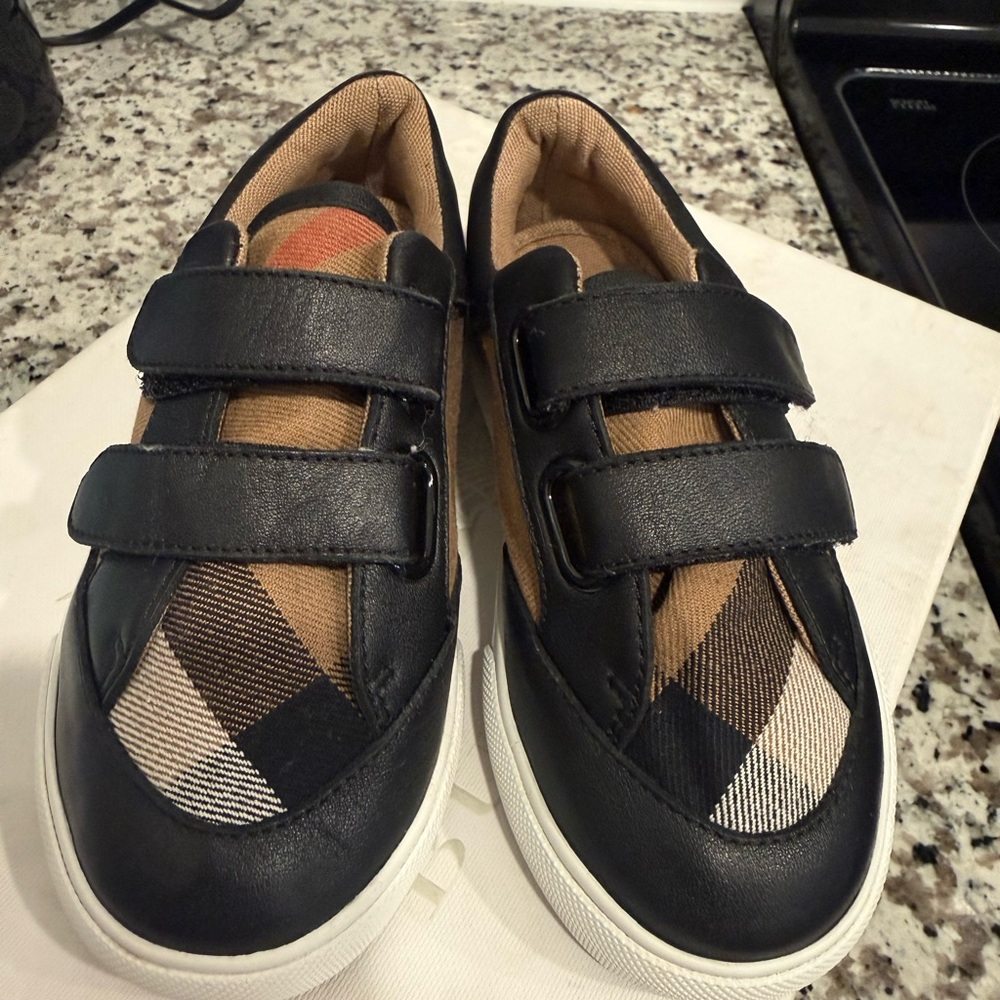 Burberry Black and Tan Plaid Kids Sneakers with Velcro Straps